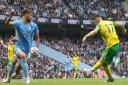 Milot Rashica tries his luck for Norwich City in the closing stages at Manchester City