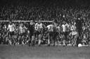 Norwich and Liverpool players regroup after a Canaries goal at Anfield in November, 1975