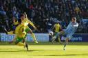 Jamie Allen scores Coventry City's first goal in their Championship game against Norwich City.