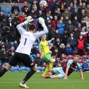 Norwich City midfielder Mathias Normann clipped the top of the Burnley bar with this effort