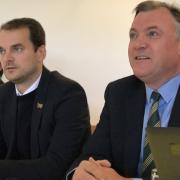 Facing up to questions about the finances. Norwich City Director Stephan Phillips, Sporting Director Stuart Webber and Chairman Ed Balls. Picture: Neil Didsbury