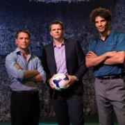 Jake Humphrey on the BT Sport set, alongside former footballers Michael Owen (left) and David James. Picture: Supplied
