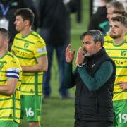 David Wagner and his players applaud the travelling support after Norwich City's 4-0 Championship play-off semi-final, second leg defeat at Leeds