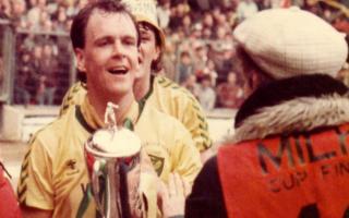 John Deehan with the Milk Cup, following Norwich City's Wembley final victory over Sunderland in 1985.